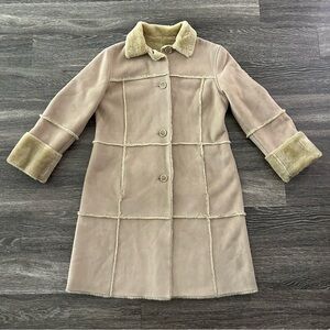 VTG Mauritius Long Tan Suede Coat Womens 44 Shearling Faux Fur Lined Penny Lane